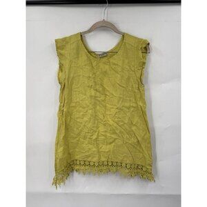 terzo millennio linen top Women Small Yellow Crochet‎ Trim Lagenlook Minimalist